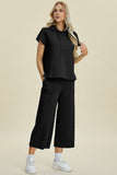 Double Take Full Size Texture Drawstring Short Sleeve Hoodie and Pocketed Pants Set 