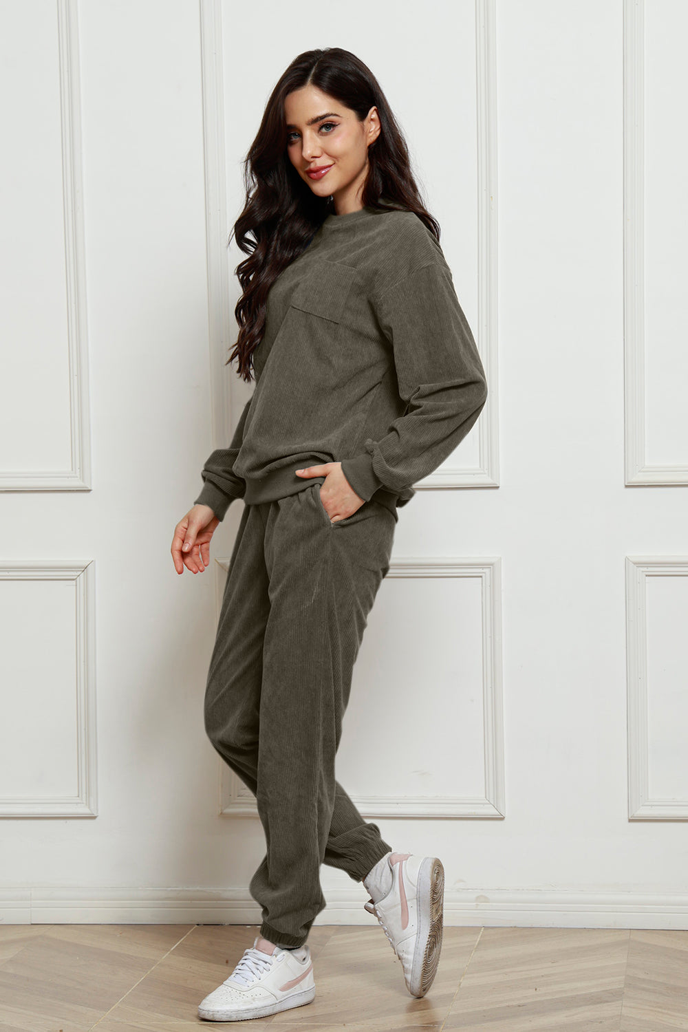 Corduroy Round Neck Sweatshirt and Sweatpants Set 