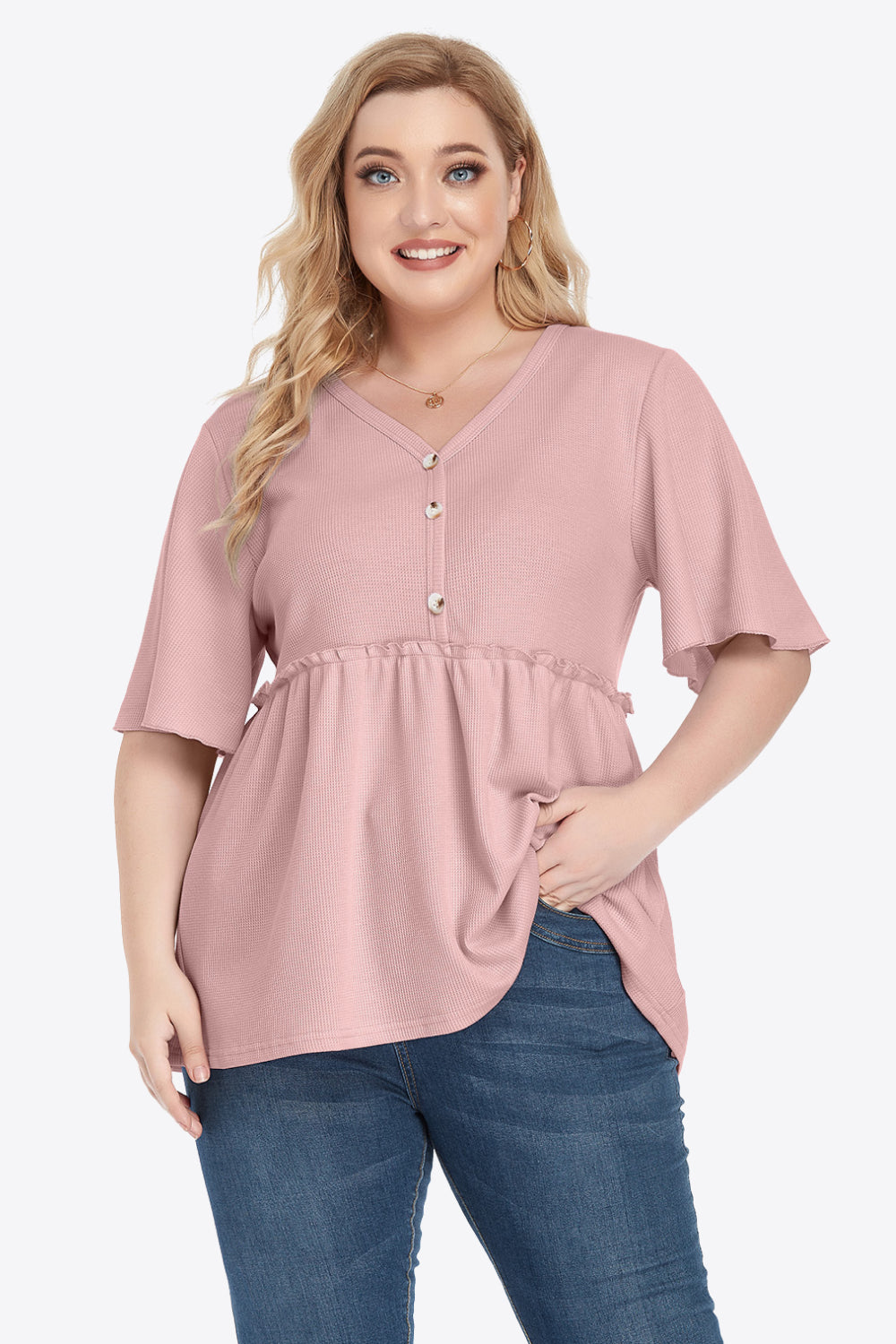 Plus Size Buttoned V-Neck Frill Trim Babydoll Blouse 