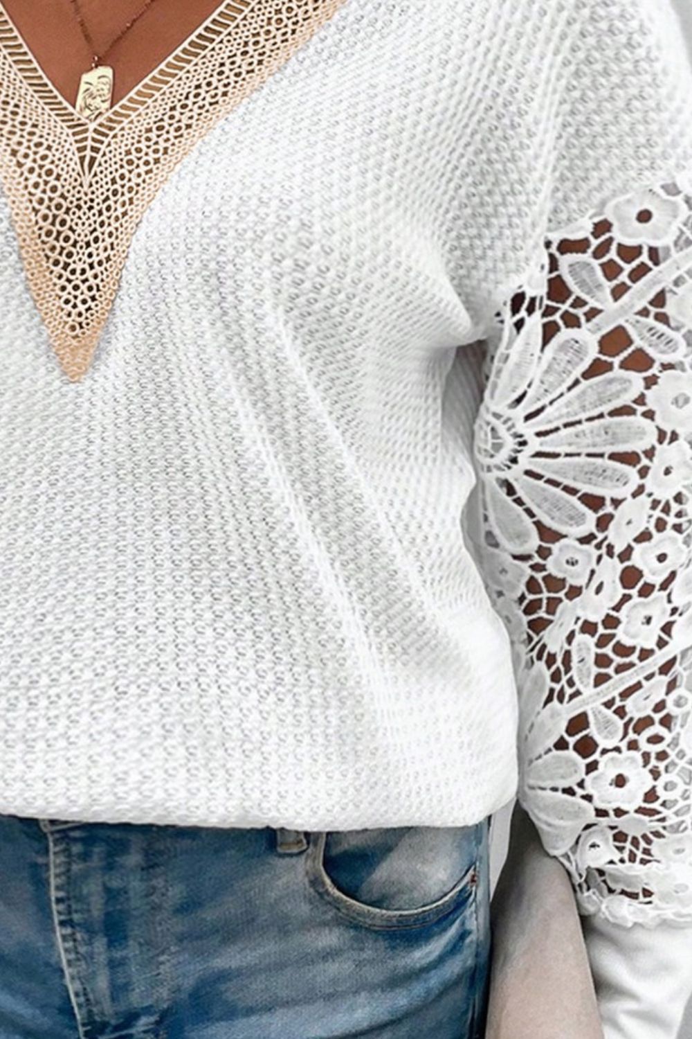 Plus Size Waffle-Knit Crochet V-Neck Blouse 