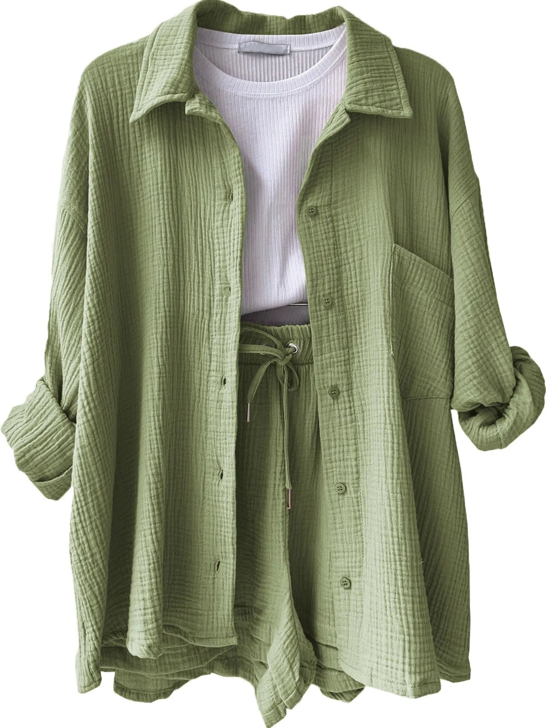 Textured Button Up Shirt and Shorts Set Two Piece Dresses