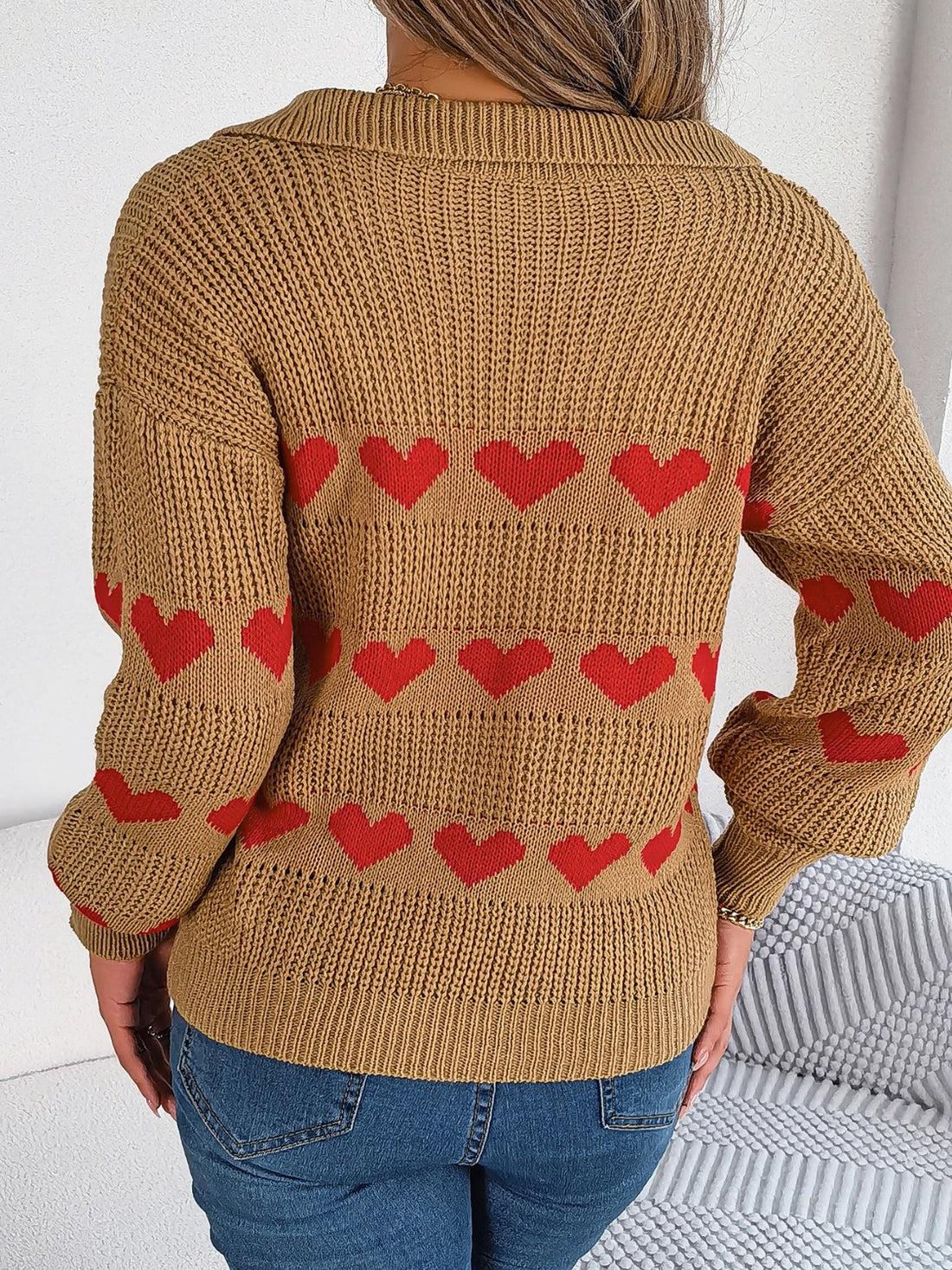 Heart Johnny Collar Long Sleeve Sweater 
