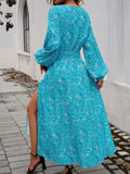 Devine Split Printed Surplice Long Sleeve Midi Dress 