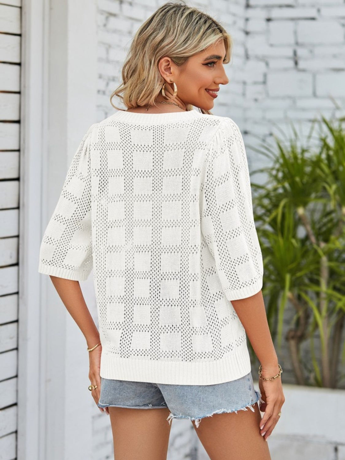 Mandy Openwork Round Neck Knit Top 