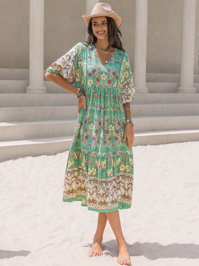 Ruched Printed Puff Sleeve Midi Dress Dresses