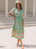 Ruched Printed Puff Sleeve Midi Dress Dresses
