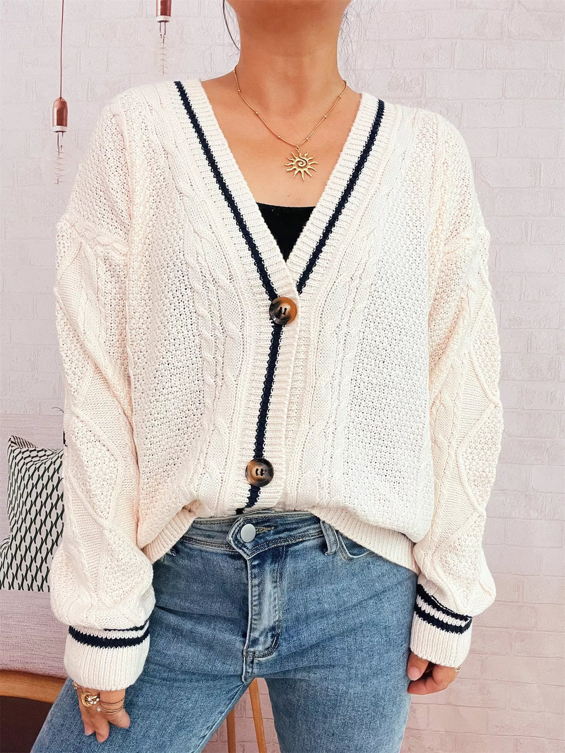 Star Pattern Button-Up Cardigan with Contrast Trim 