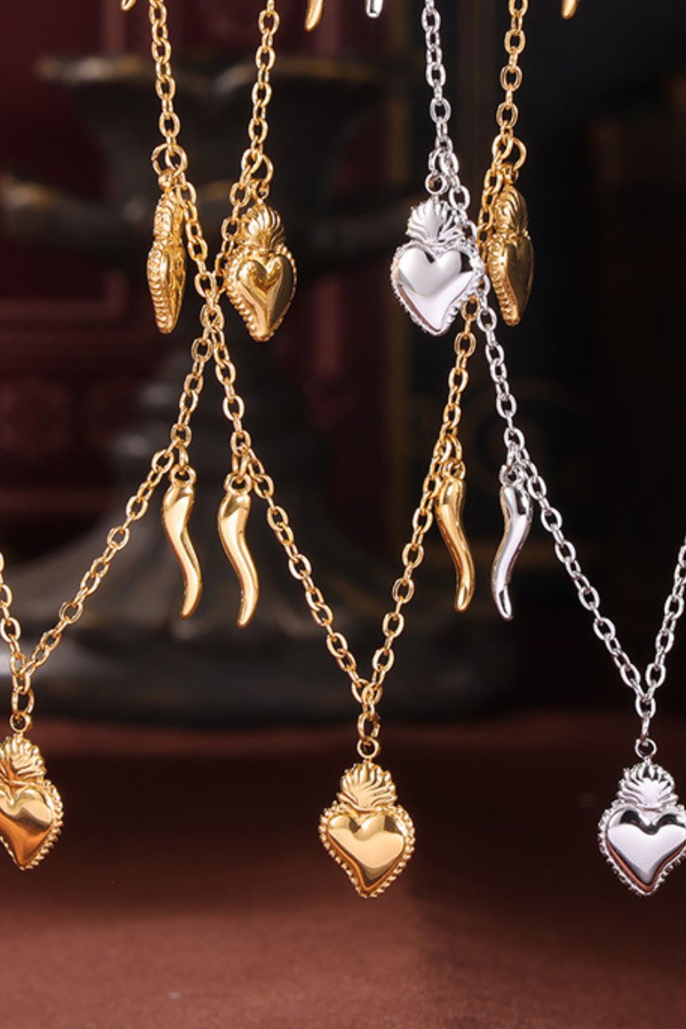 Stainless Steel Heart Charm Bracelet and Necklace Set 