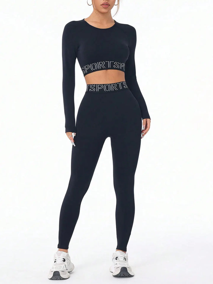 Letter Print Round Neck Long Sleeve Top and Leggings Active Set 
