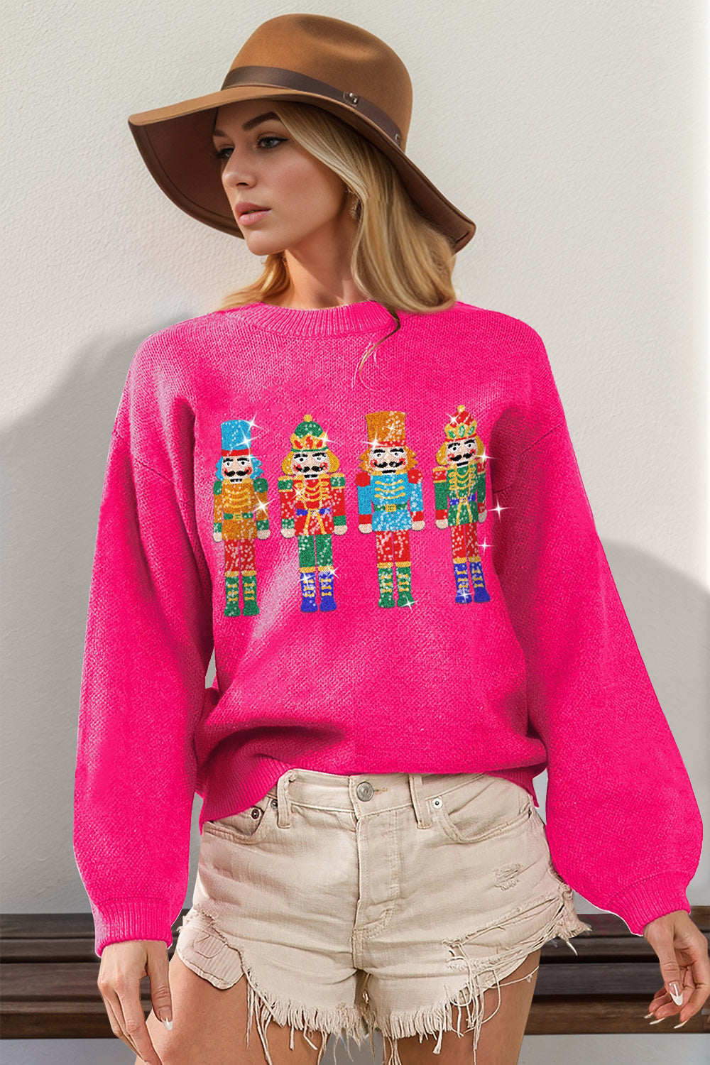Double Take Full Size Sequin Nutcracker Long Sleeve Sweater 