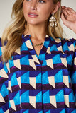 Double Take Full Size Geometric Notched Half Sleeve Blouse 