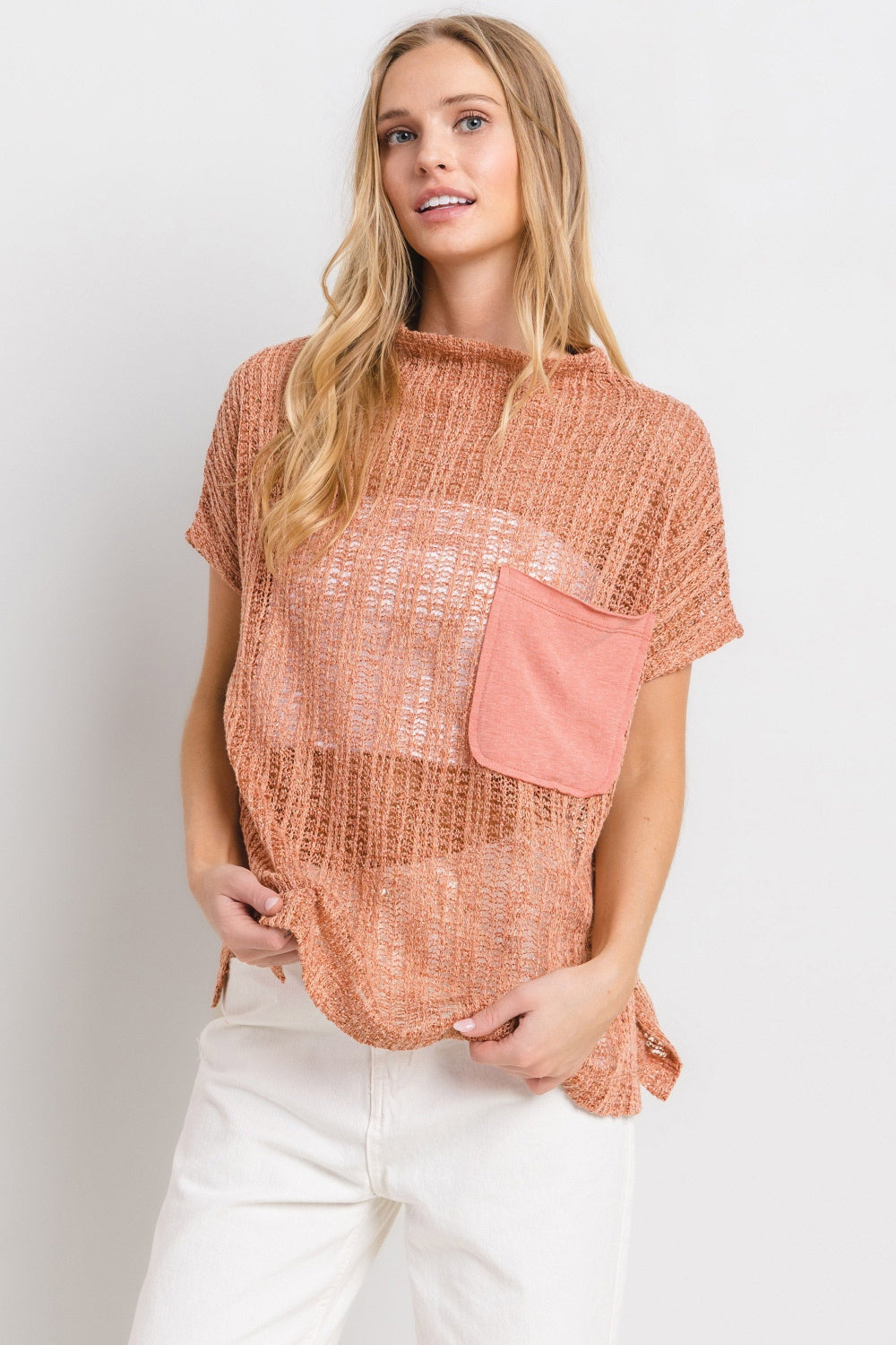 Ces Femme See Through Crochet Mock Neck Cover Up 