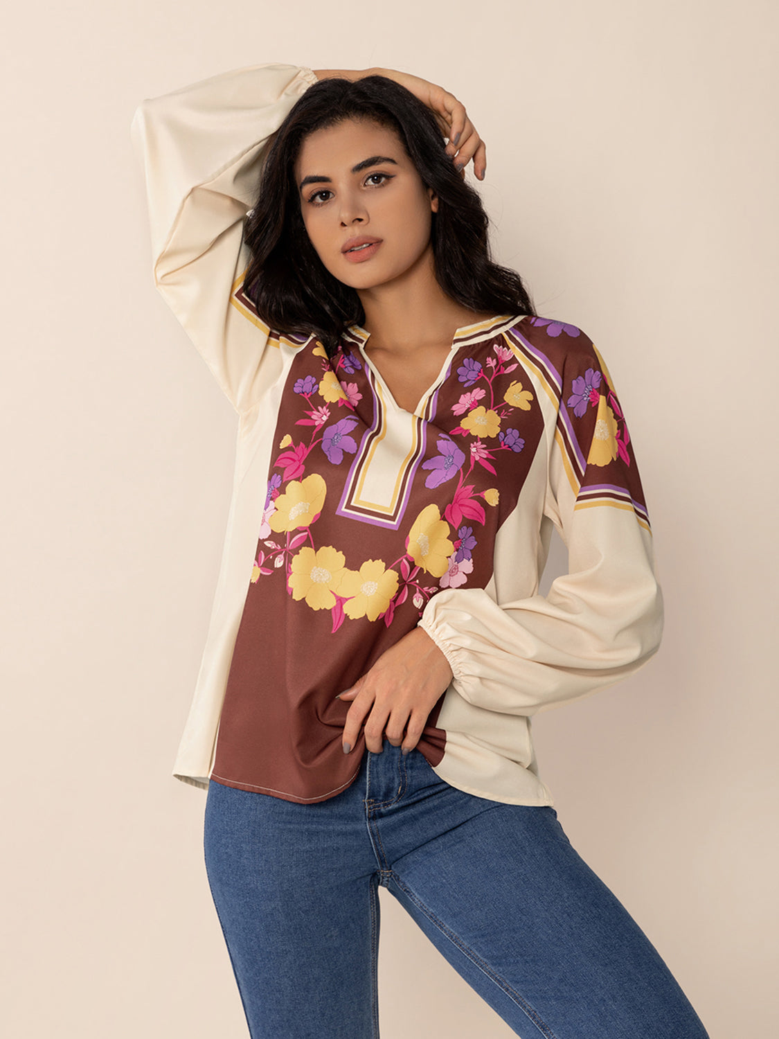 Printed Notched Long Sleeve Blouse 