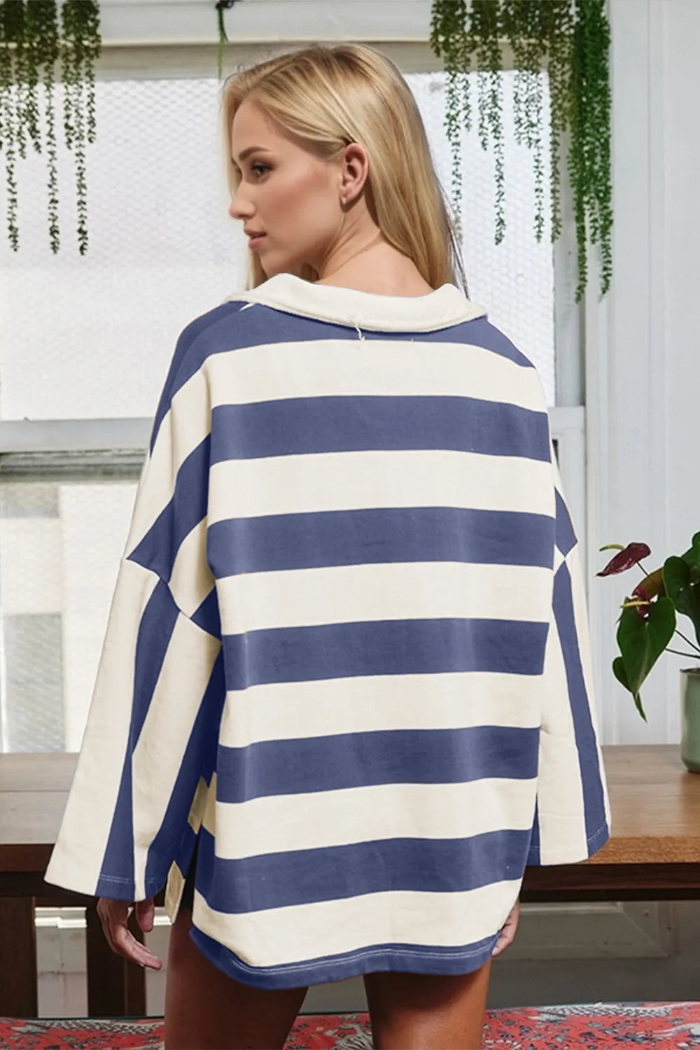 Oh Striped Johnny Collar Long Sleeve T-Shirt 