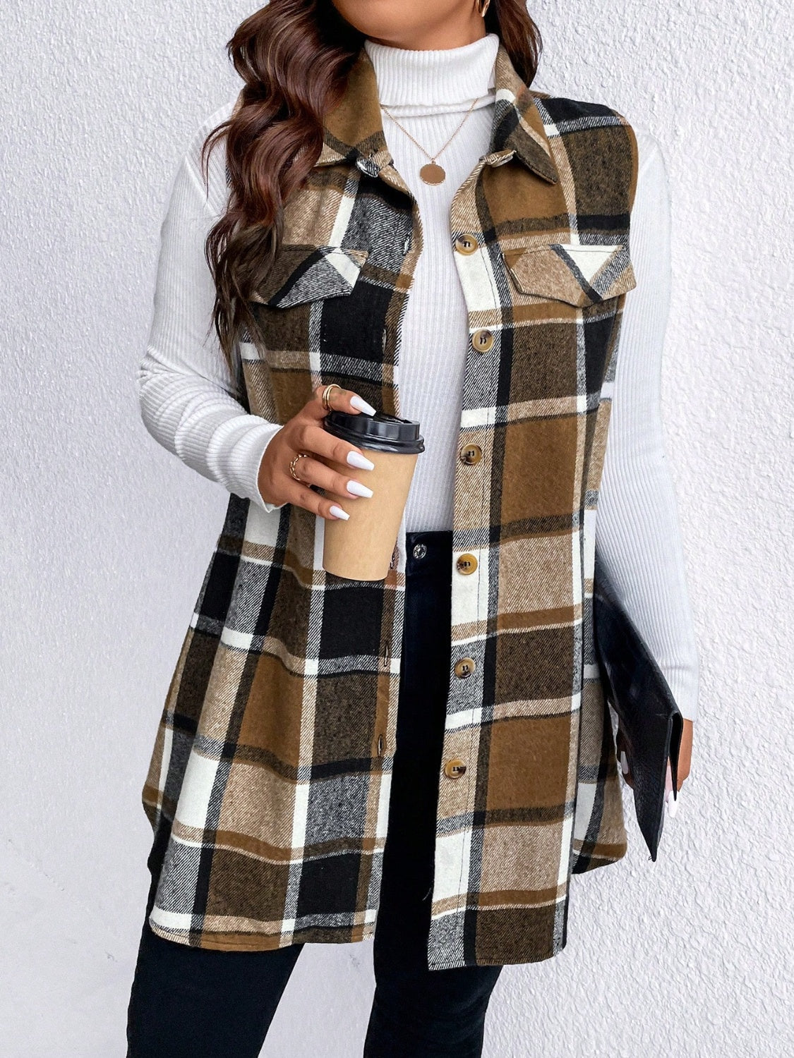 Honey Plus Size Pocketed Plaid Button Up Vest Coat 