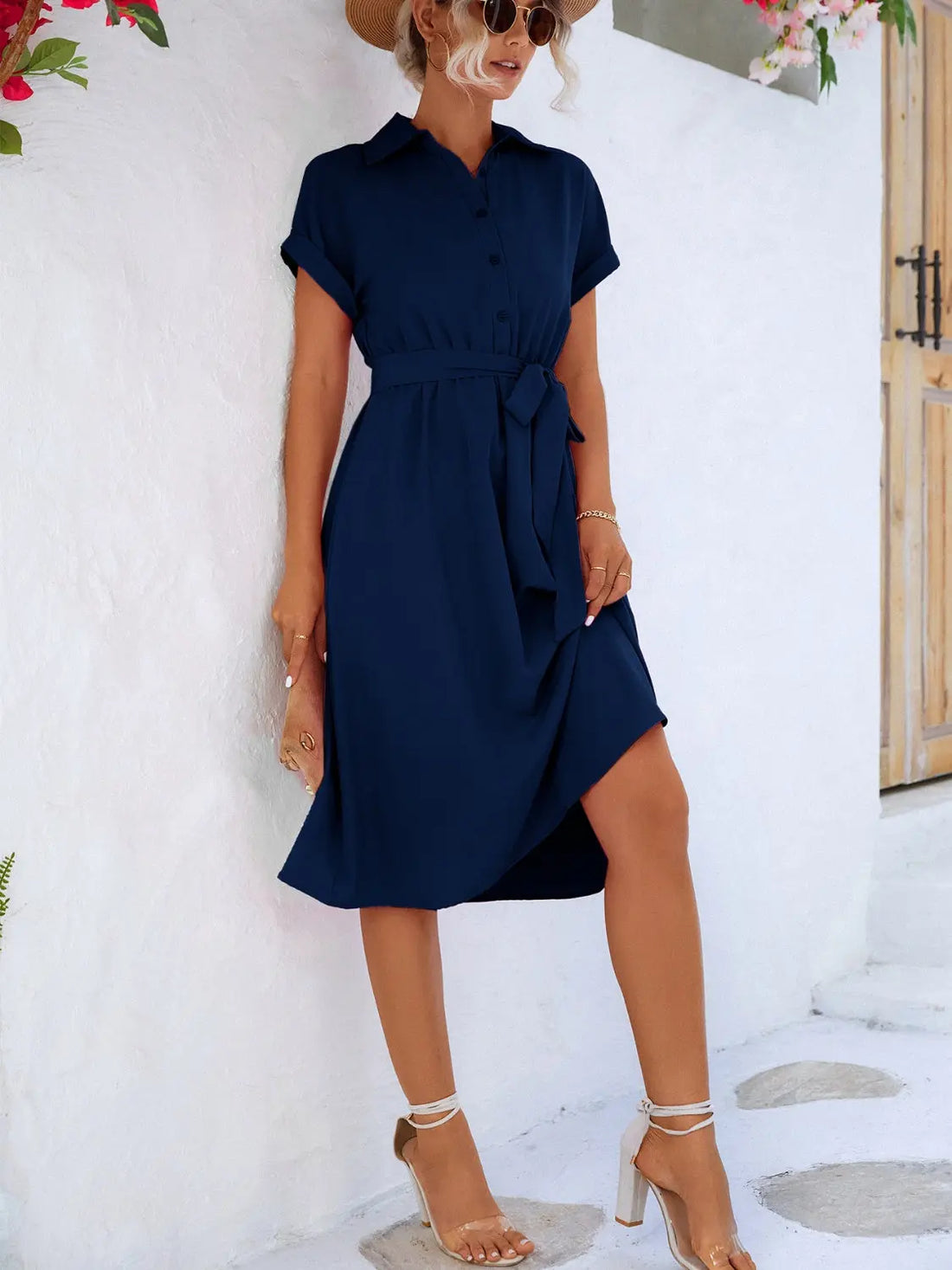 Buttoned Tie Waist Short Sleeve Dress 