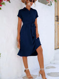 Buttoned Tie Waist Short Sleeve Dress 
