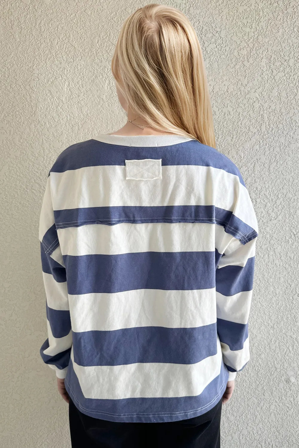 Oh Pima Cotton Wash Exposed Seam Contrast Striped Round Neck Long Sleeve T-Shirt 