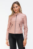 Snobbish Faux Leather Zip Up Drawstring Hooded Jacket 