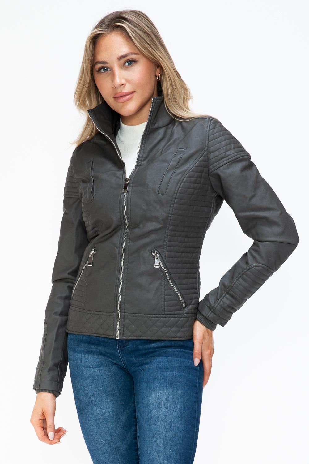 YMI Faux Layered Double-Zipper Jacket with Fuzzy Hood 