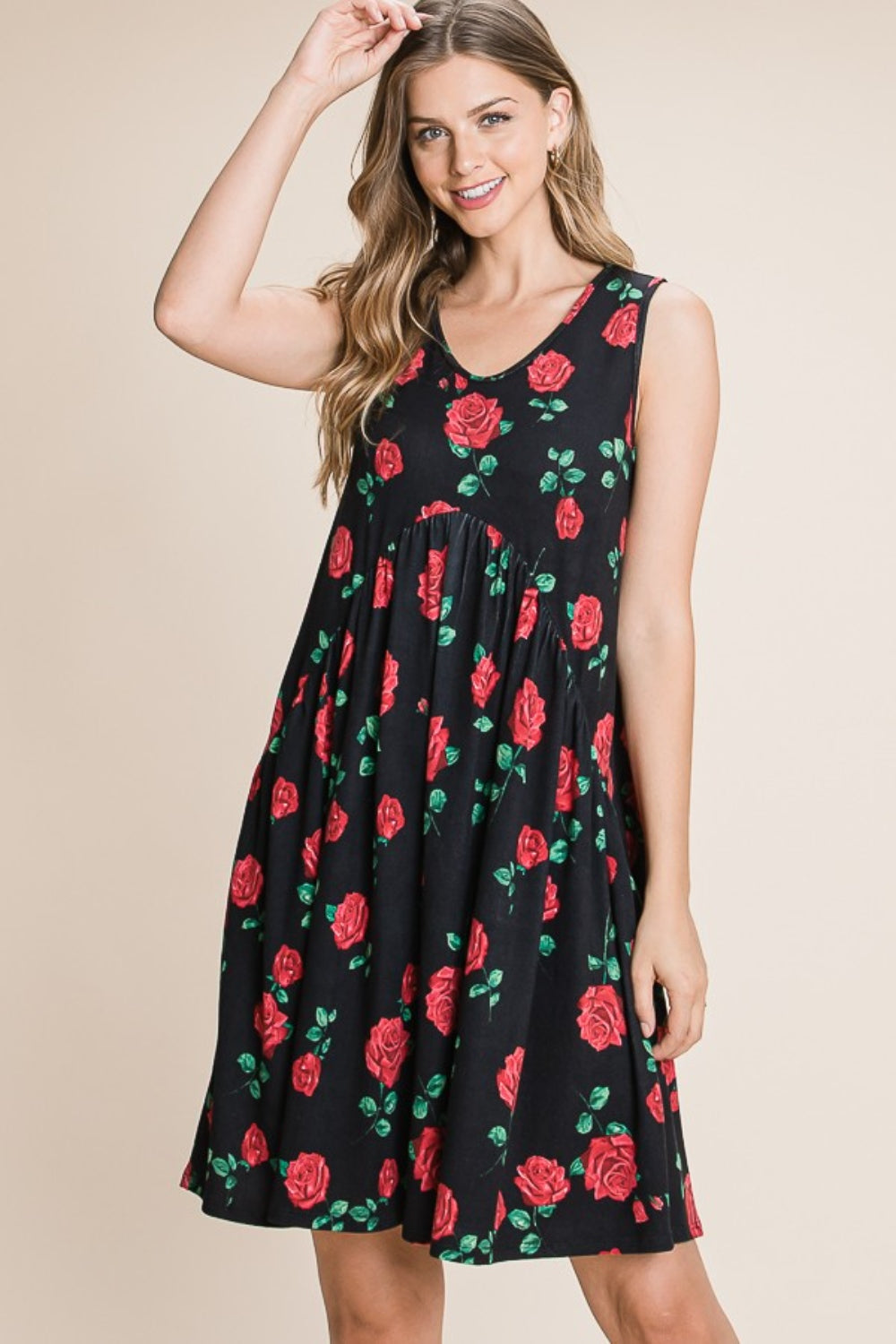 BOMBOM Floral Ruched Tank Dress 