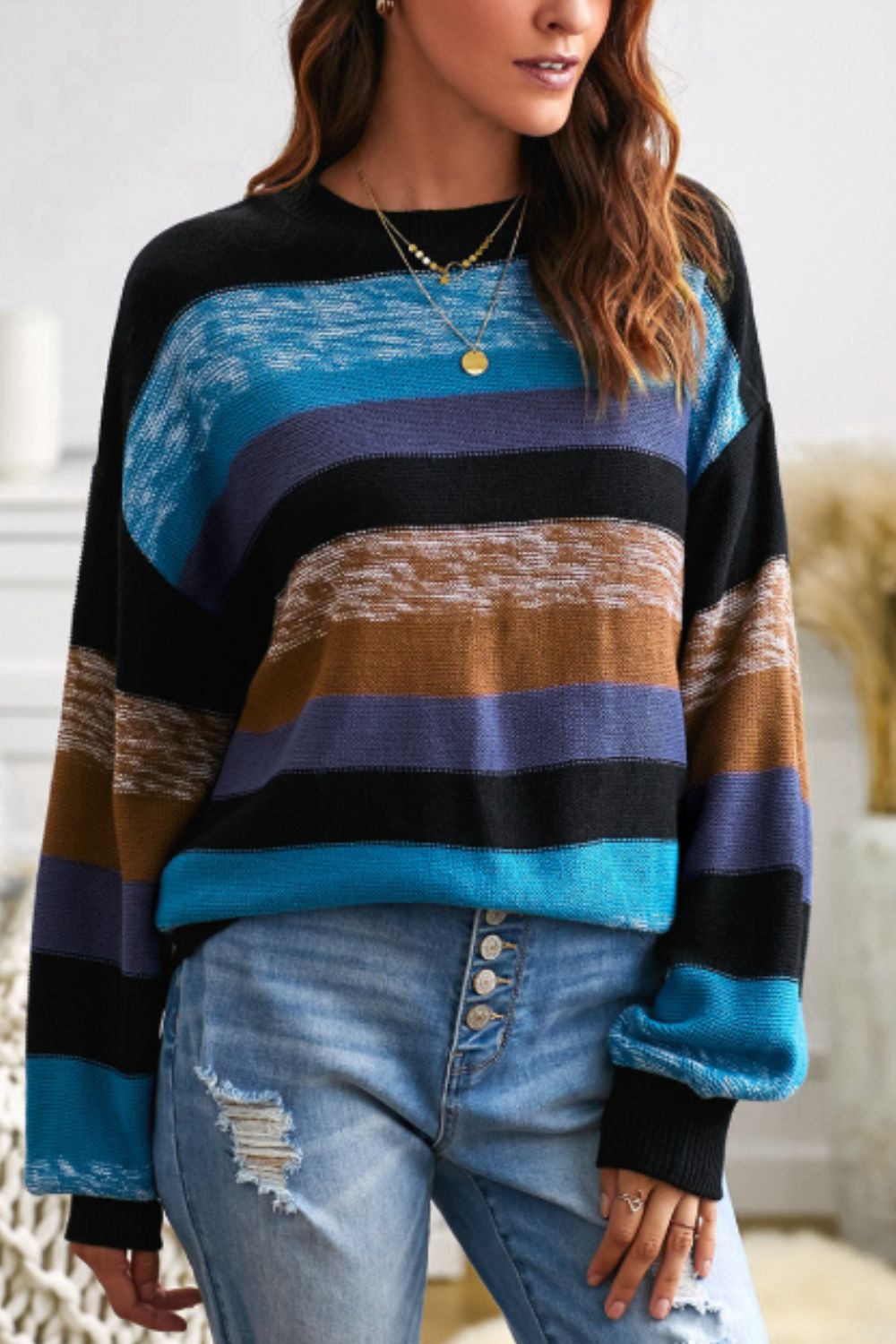 Contrast Striped Round Neck Drop Shoulder Sweater 
