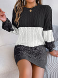 Cable-Knit Round Neck Color Block Sweater Dress 