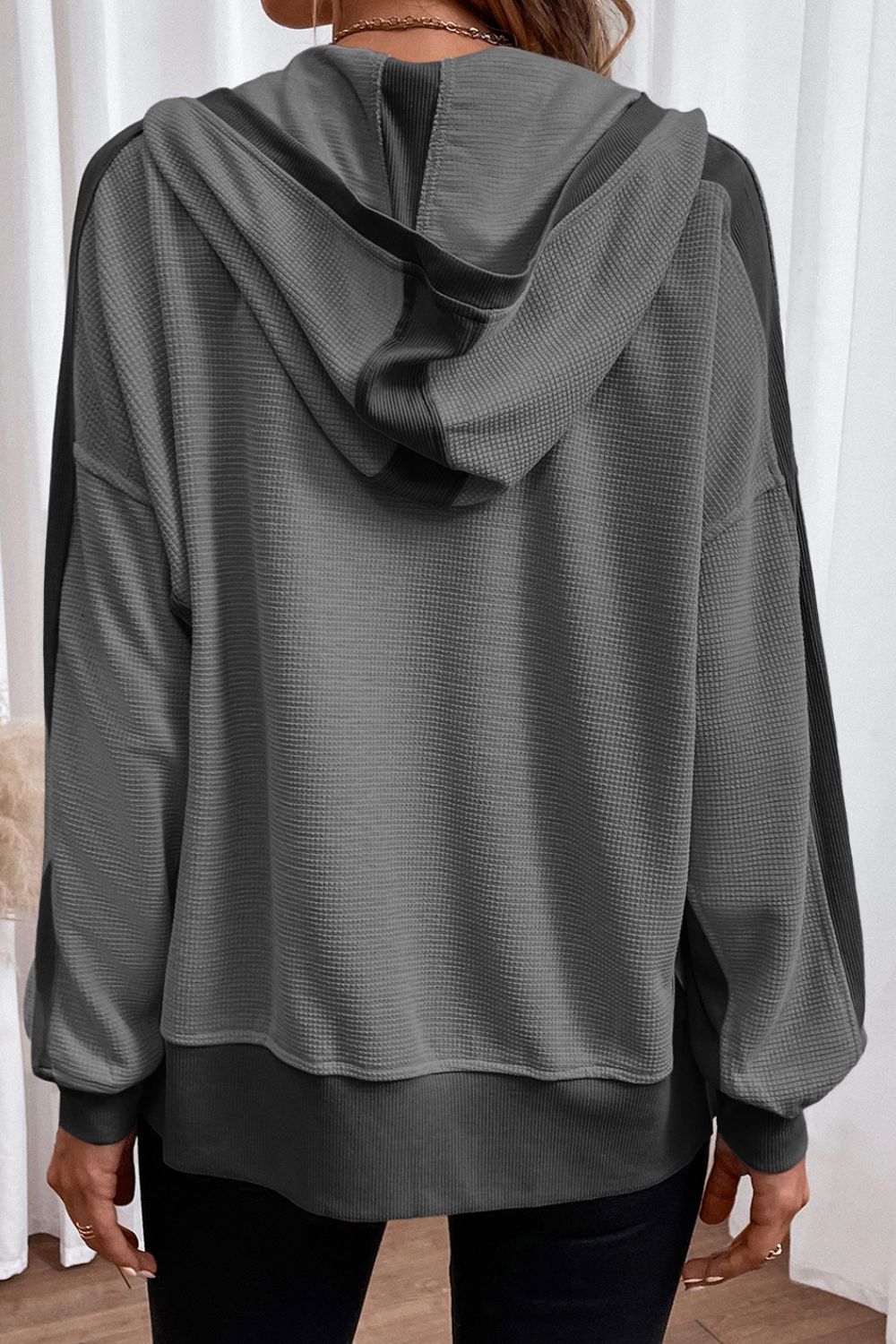 Waffle-Knit Pocketed Zip Up Hooded Jacket 