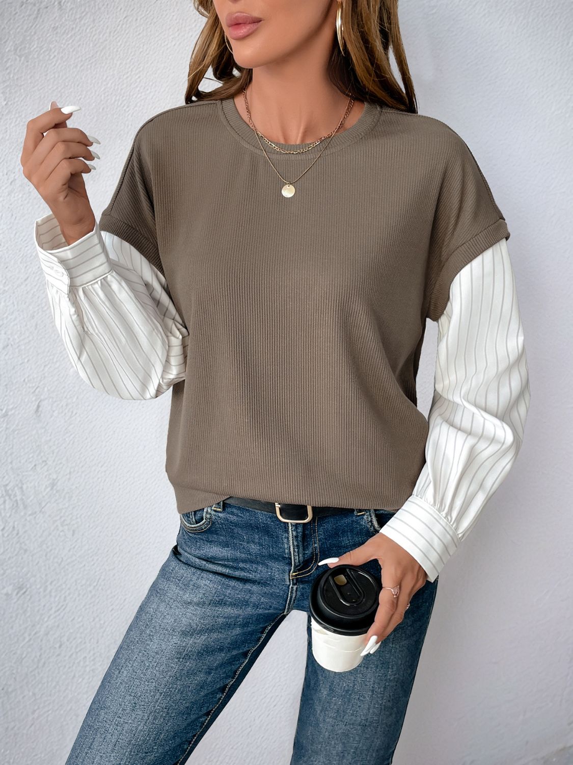 Perfee Round Neck Striped Sleeve Sweatshirt 