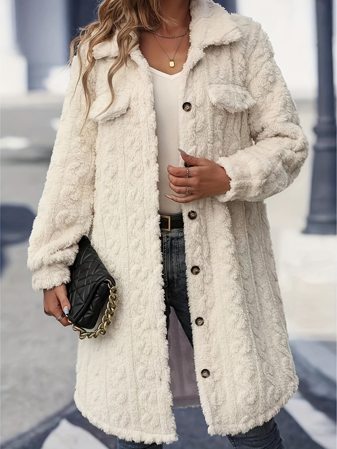 Fuzzy Button Up Long Sleeve Longline Coat 