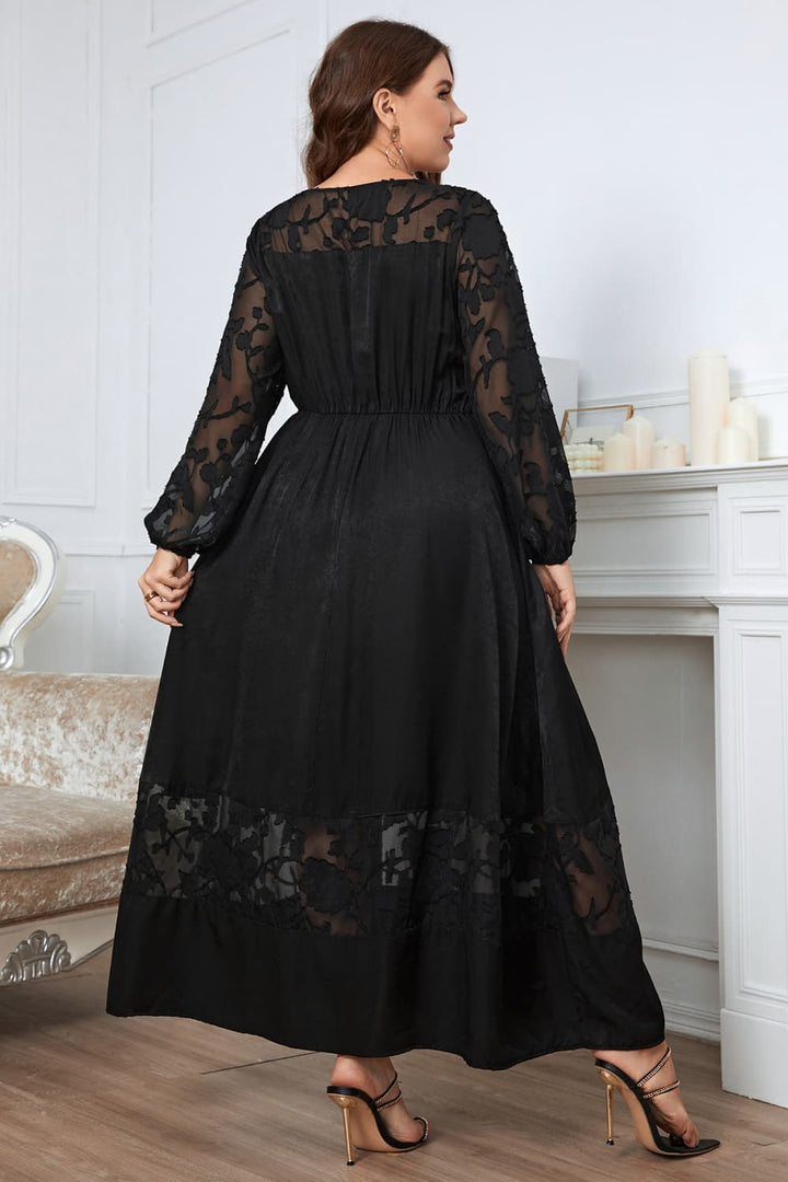Honey Melo Apparel Plus Size Embroidery Round Neck Long Sleeve Maxi Dress 