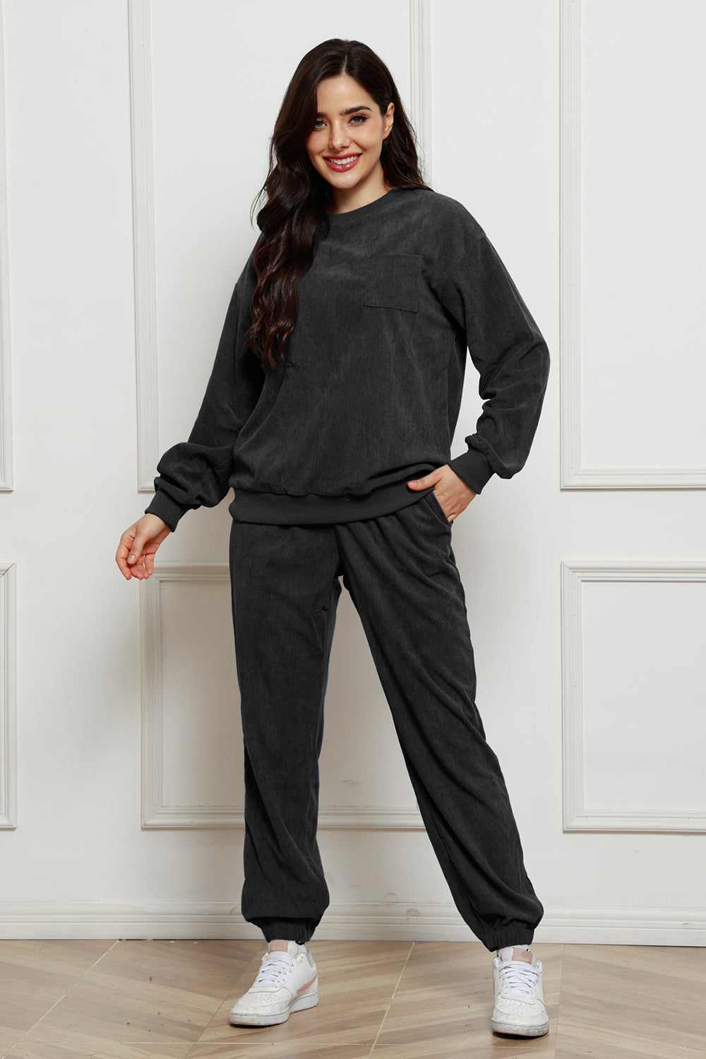 Corduroy Round Neck Sweatshirt and Sweatpants Set 