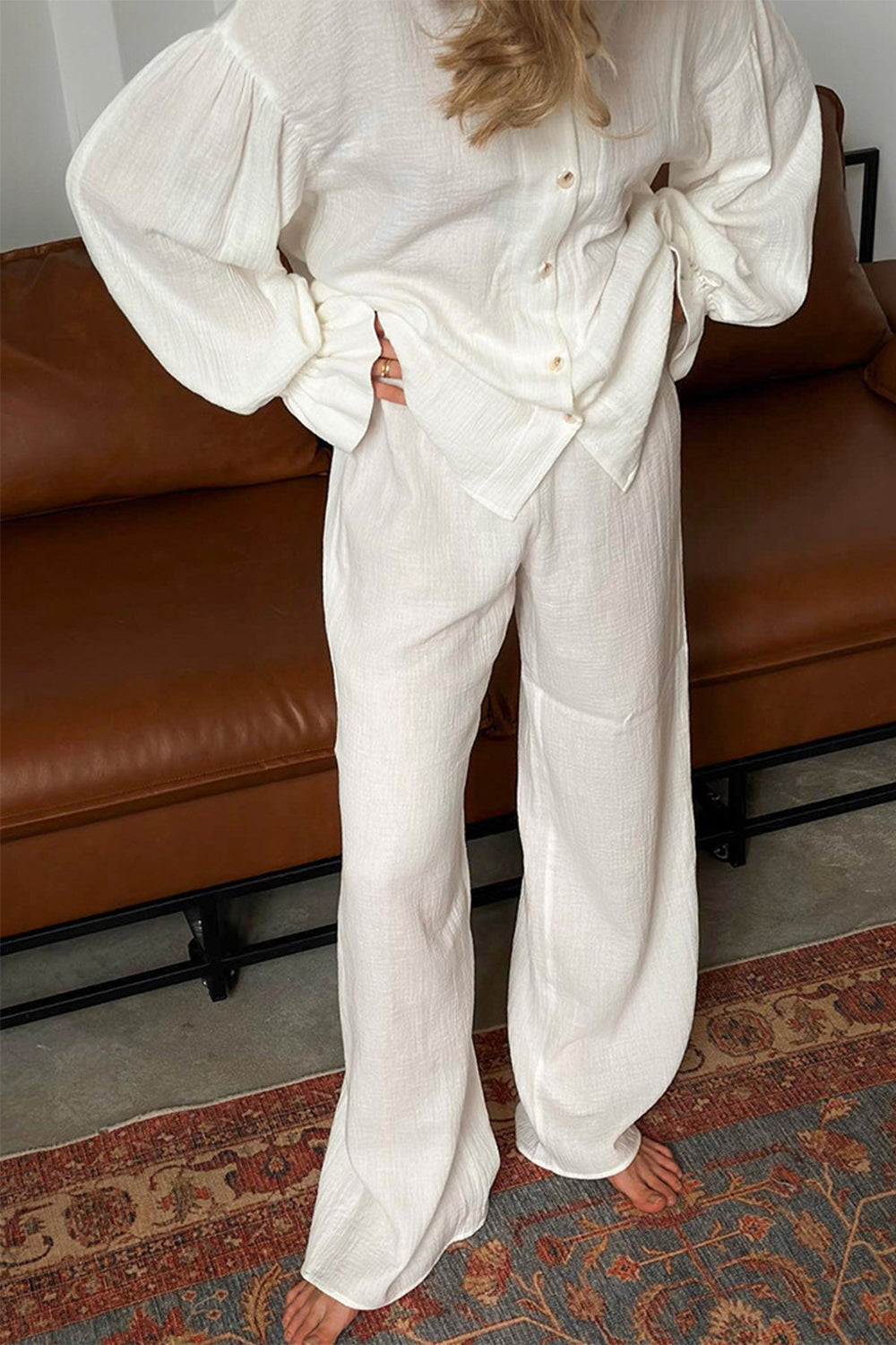 Breathable Ruffled V-Neck Long Sleeve Top and Pants Set 