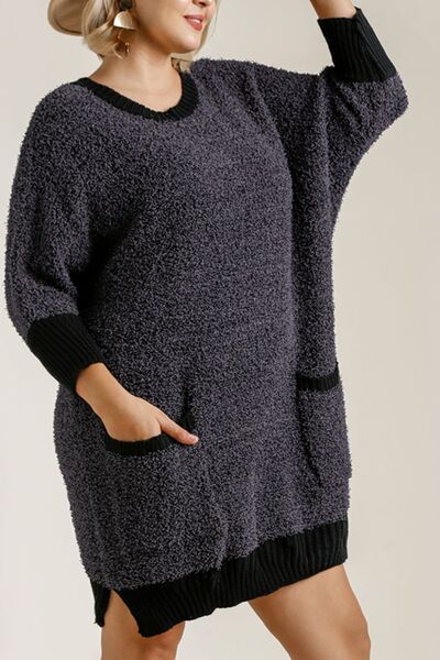 Umgee Full Size Ribbed Hem Round Neck 3/4 Sleeve Sweater Dress with Pockets Plus Size Dresses