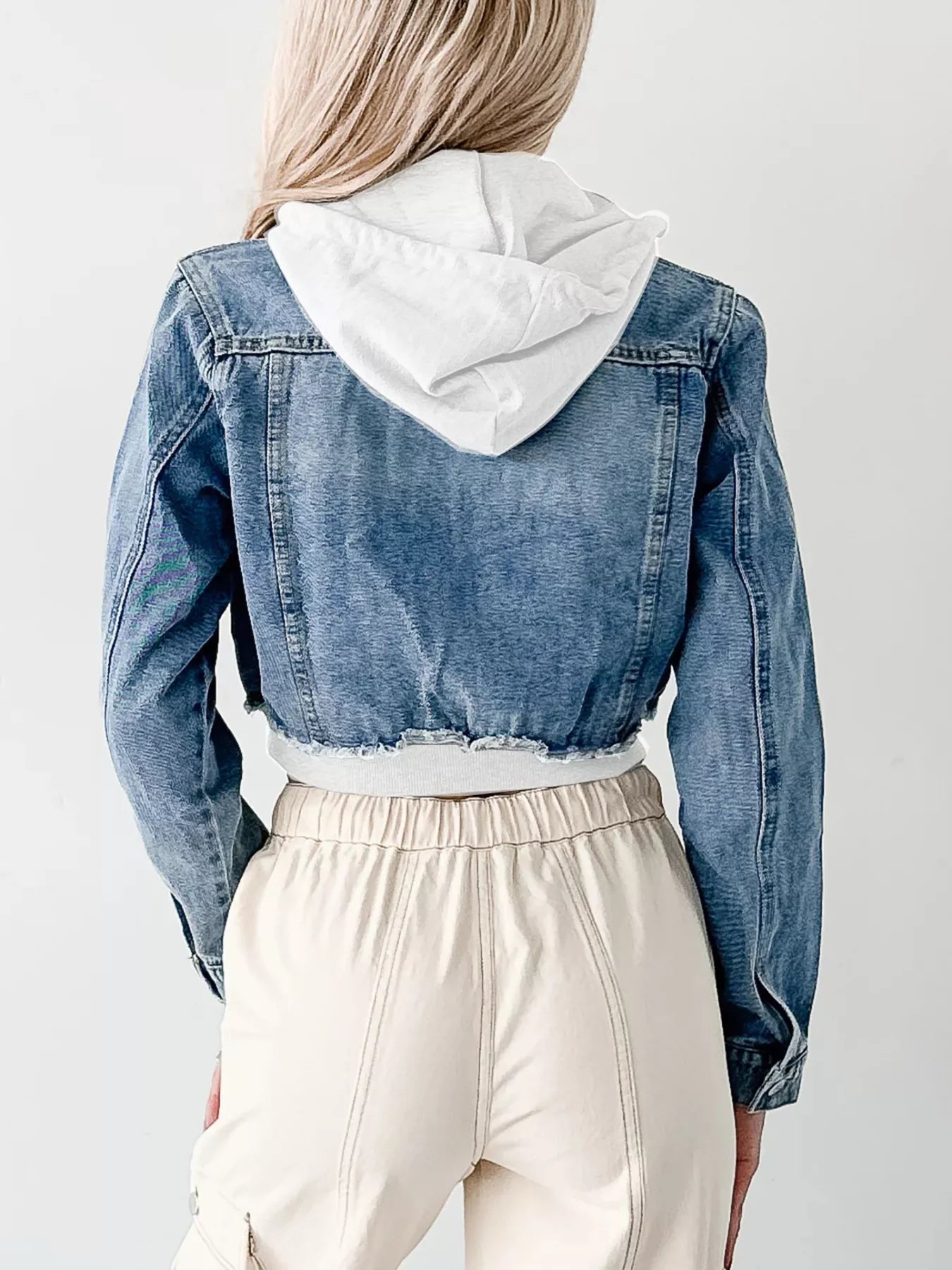 Distressed Zip Up Cropped Hooded Denim Jacket 