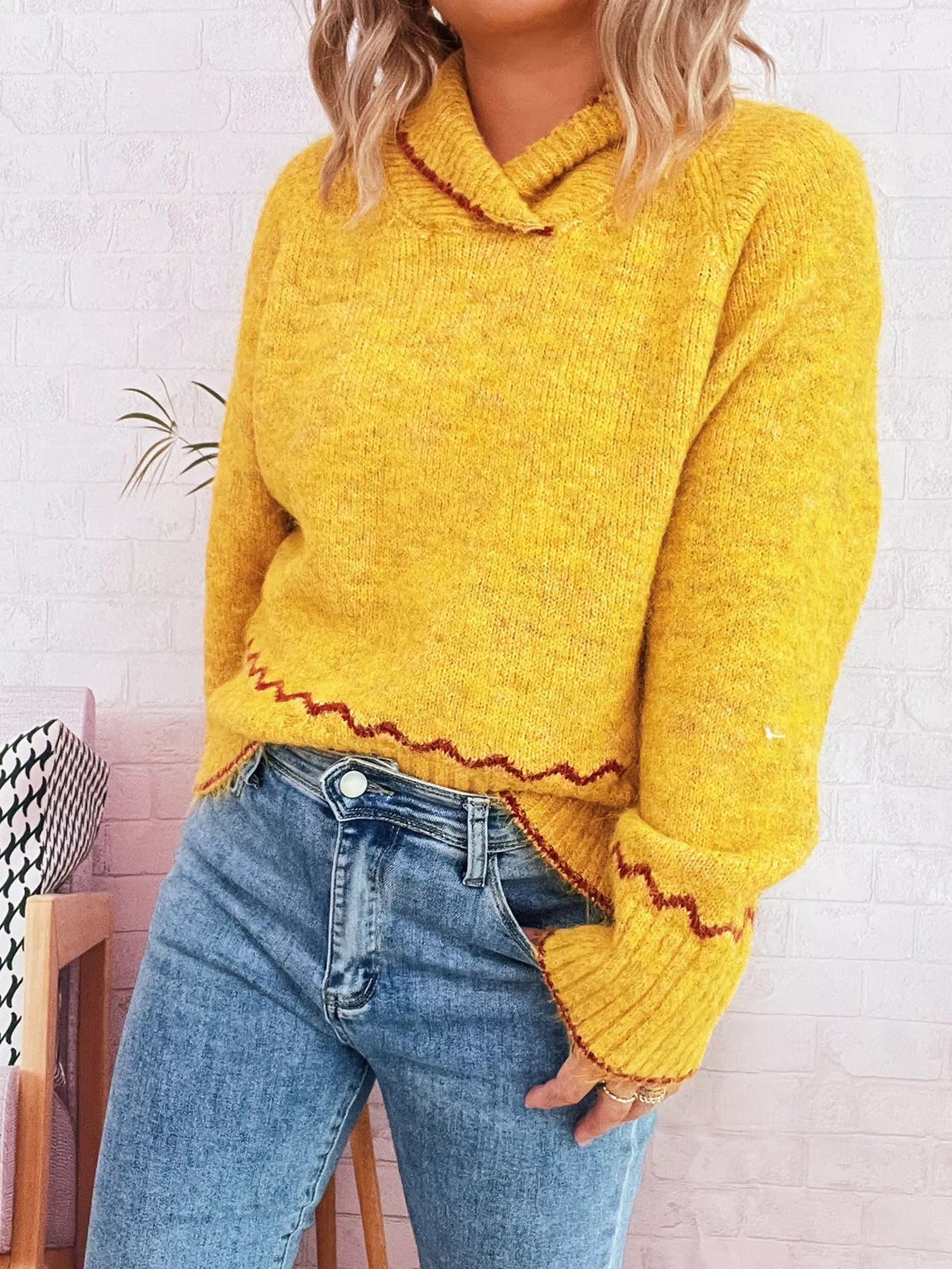Ribbed Contrast Trim Long Sleeve Sweater 