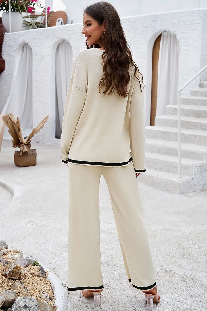Devine Contrast Trim Round Neck Top and Pants Set 