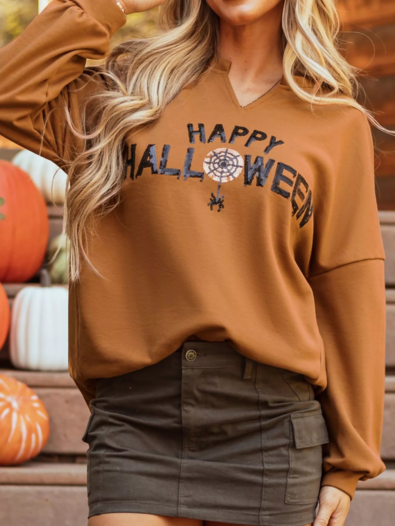 Happy Halloween Graphic Notched Long Sleeve Loose Top 