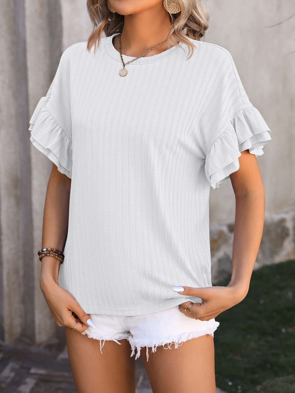 Mandy Ruffled Round Neck Short Sleeve Blouse 