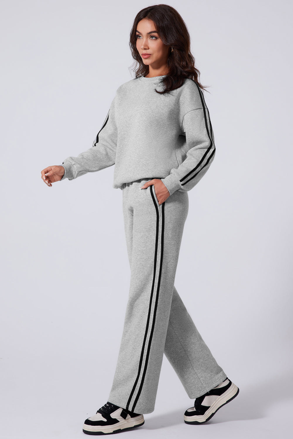 Side Striped Round Neck Top and Pants Active Set 