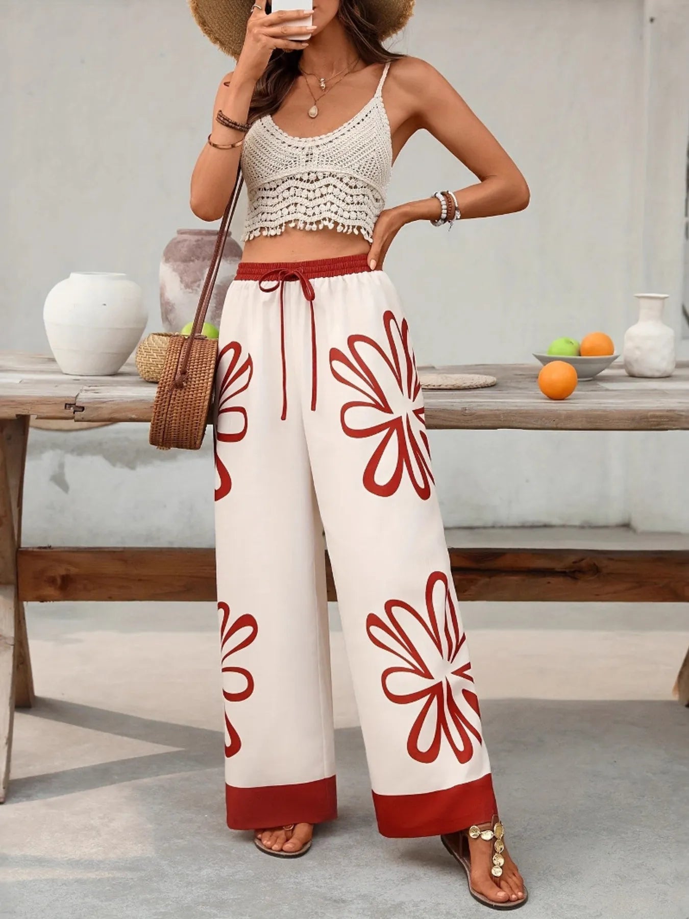 Floral Drawstring Wide Leg Pants 