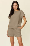 Double Take Full Size Texture Short Sleeve T-Shirt and Drawstring Shorts Set 