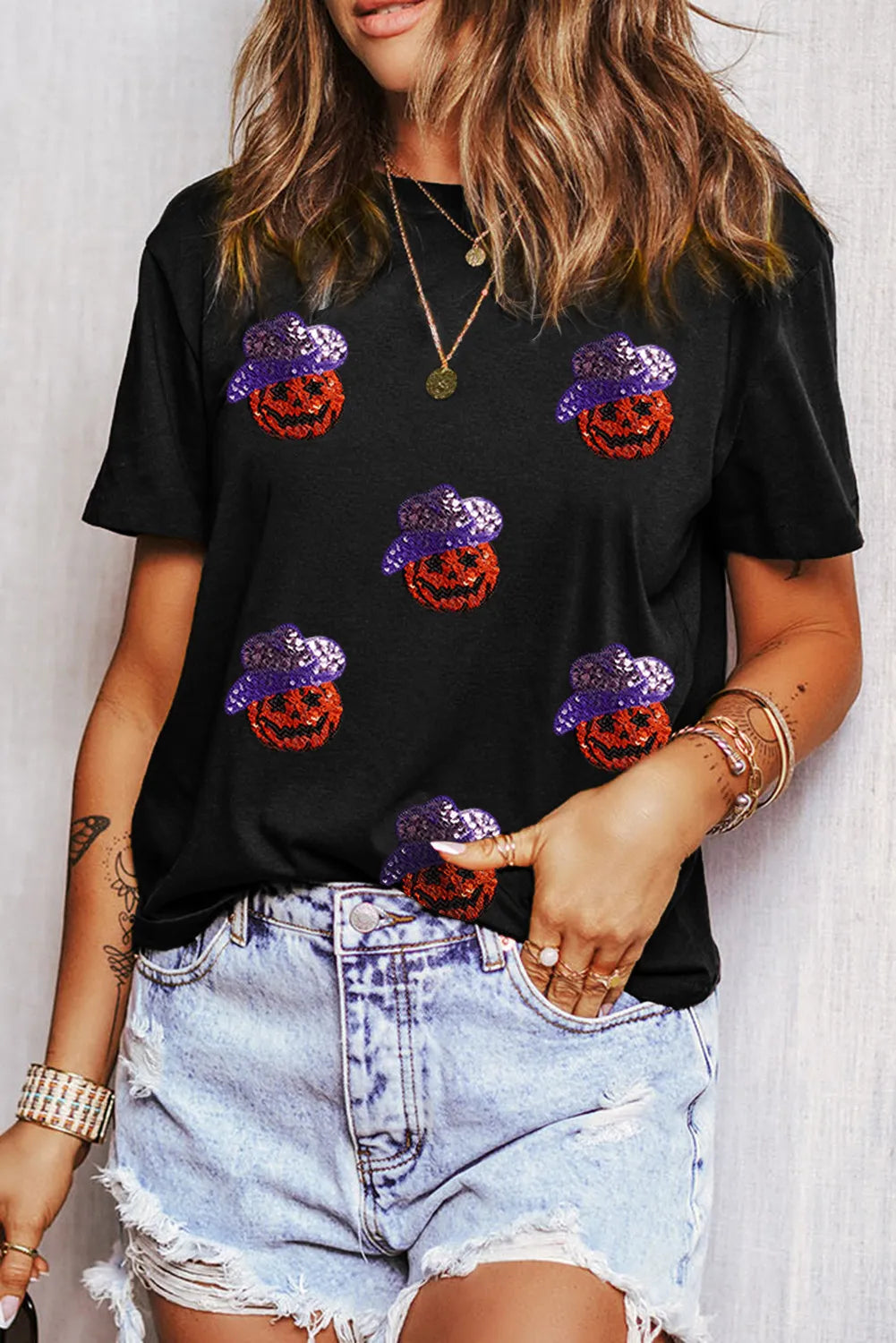 Sequin Pumpkin Round Neck Short Sleeve T-Shirt 
