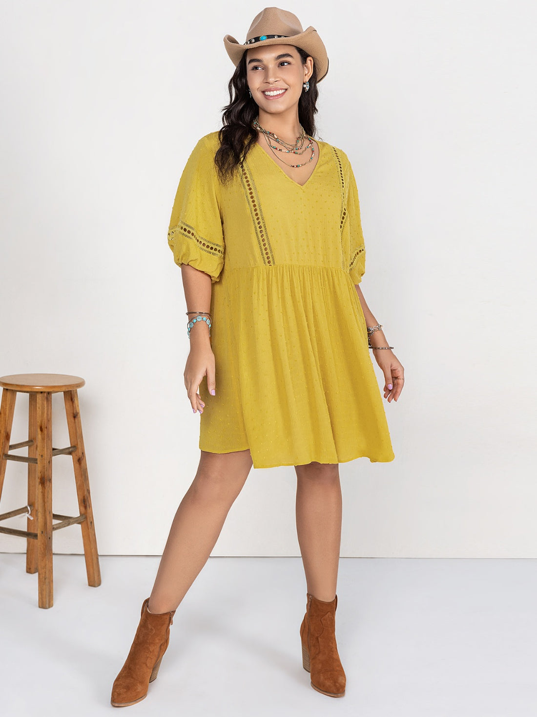 Plus Size Eyelet Swiss Dot Half Sleeve Mini Dress 