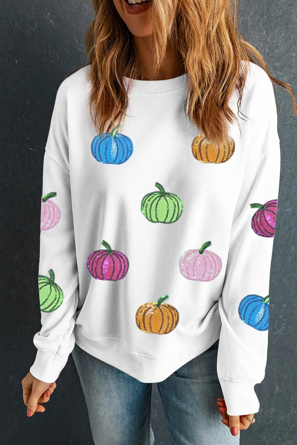 Pumpkin Round Neck Long Sleeve Sweatshirt 
