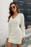 Cable-Knit V-Neck Long Sleeve Mini Sweater Dress Dresses