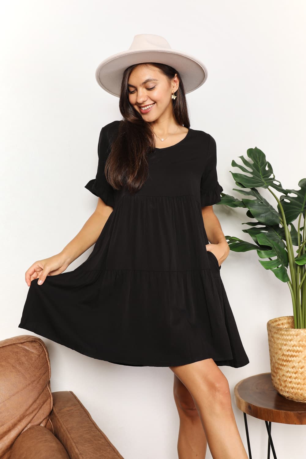 Mandy V-Neck Flounce Sleeve Tiered Dress 