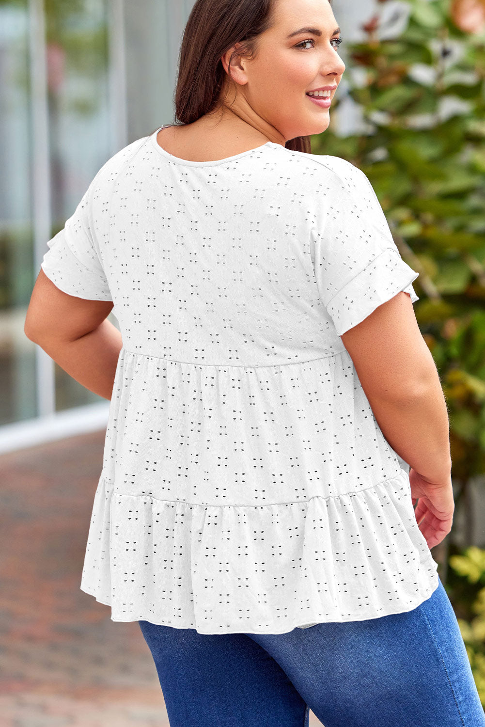 Plus Size Eyelet Round Neck Short Sleeve Blouse 