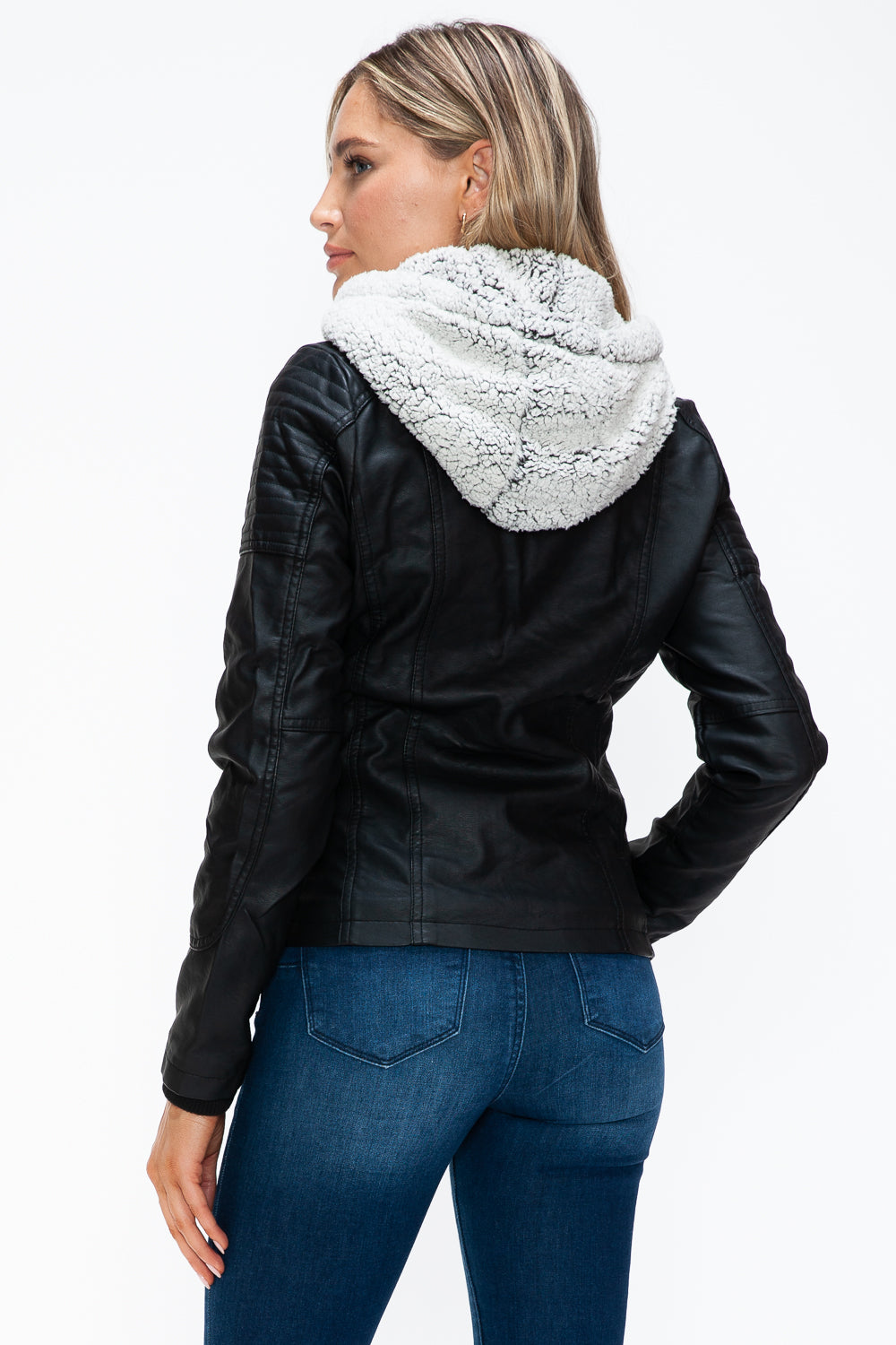 YMI Removable Faux Layered Multi-Pocket Jacket with Fuzzy Hood 