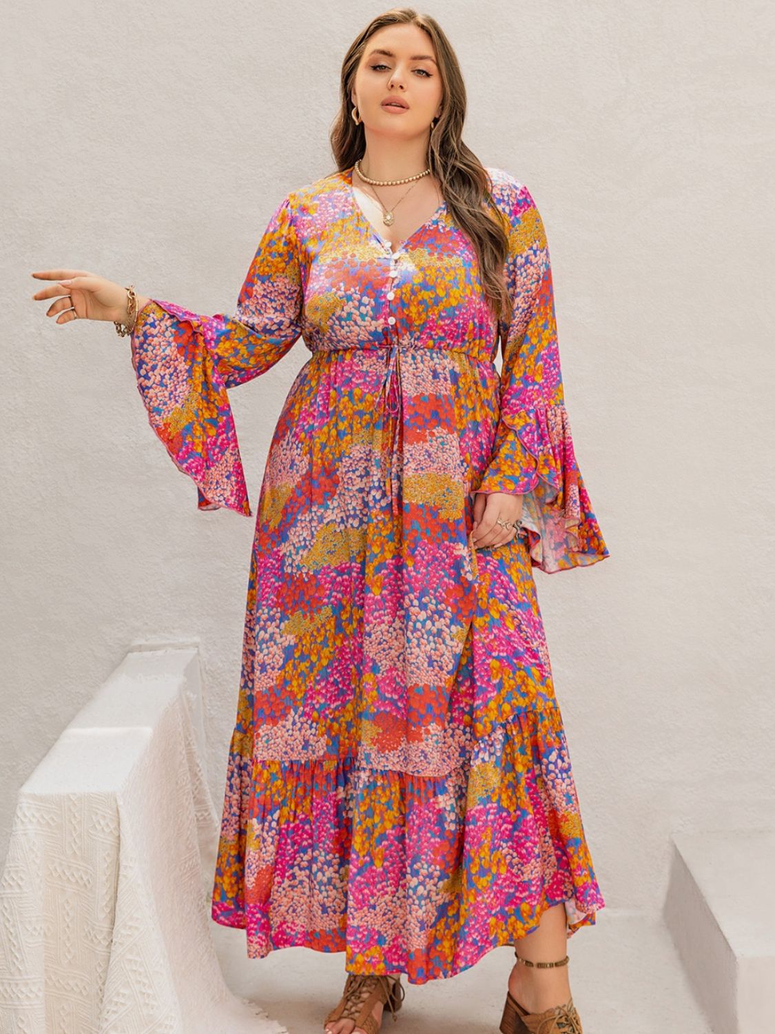Plus Size Printed V-Neck Long Sleeve Maxi Dress 